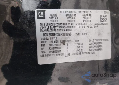 2011 Chevrolet Tahoe Lt z USA, uszkodzony, nr VIN 1GNSKBE00BR301896